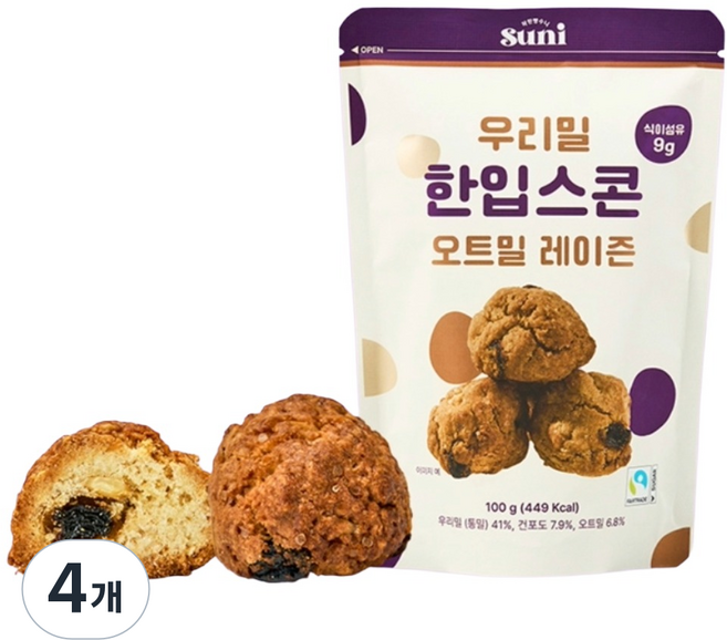 착한빵수니 우리밀 한입스콘 오트밀 레이즌 우리통밀 공정무역 비정제설탕 구움과자, 4개, 100g