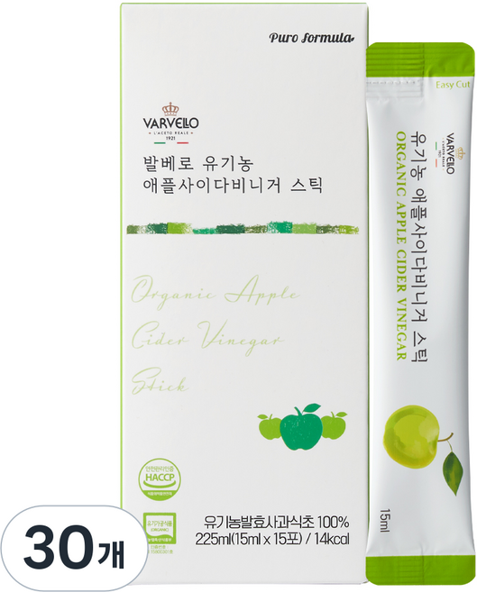 발베로 유기농 애사비 애플사이다비니거 사과 식초 스틱, 30개, 15ml