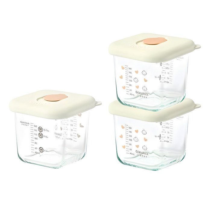 글라스락 베이비 대용량 스마일캡 눈금 이유식 보관용기, 270ml, 혼합색상, 3개
