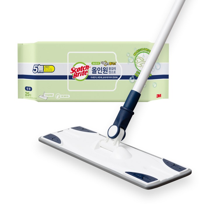 스카치브라이트 베이직 막대걸레 + 올인원 물걸레 청소포 25매, 1세트