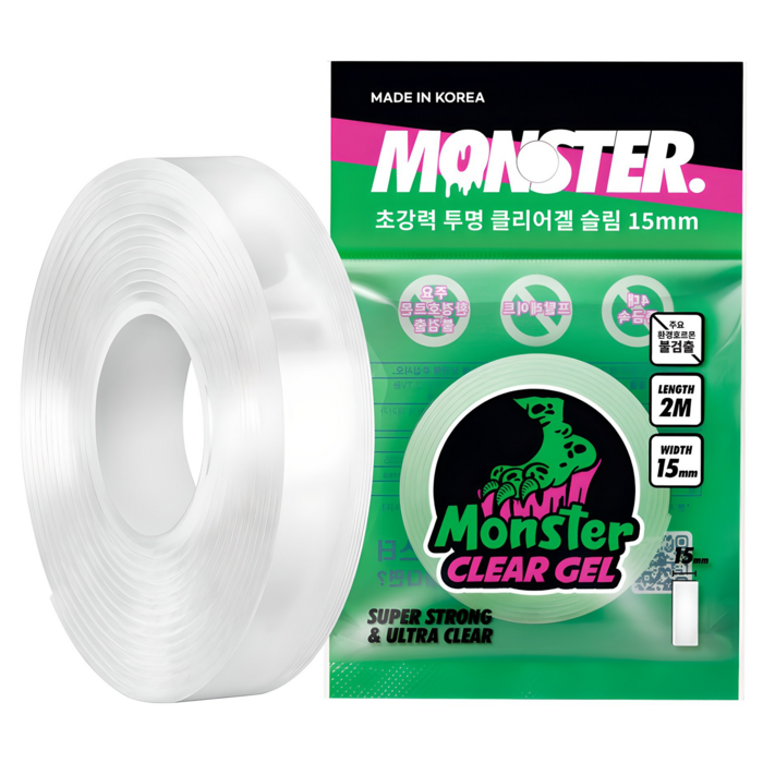 Monster Clear Gel Slim Super Strong Double Sided Tape 15mm x 2m, Clear, 1 Piece