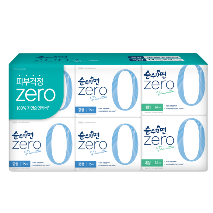 깨끗한나라 순수한면 제로 순면 생리대 날개형 중형 16p x 4팩 + 대형 14p x 2팩, 1세트
