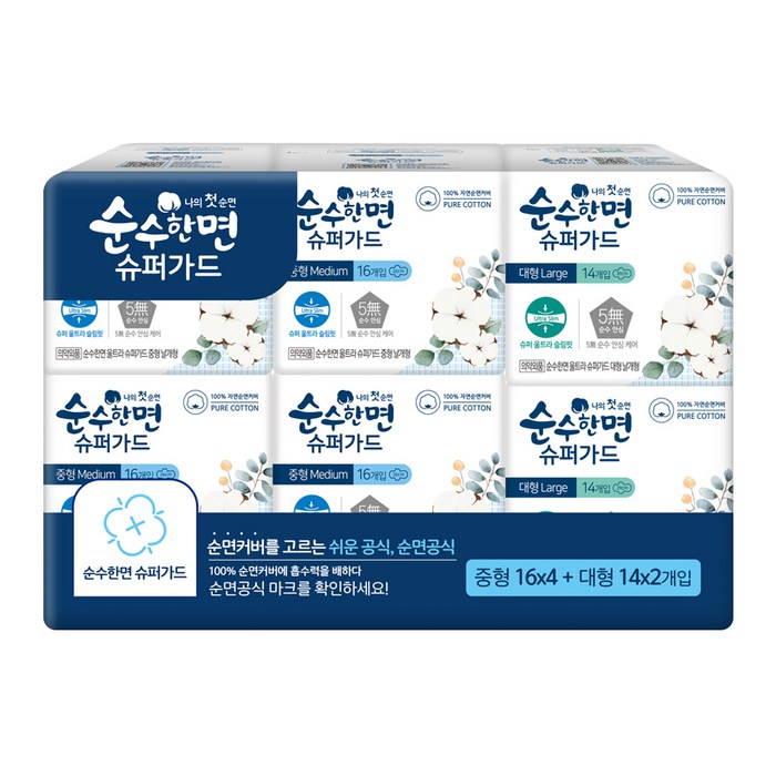 순수한면 슈퍼가드 생리대 날개형 중형 16p x 4팩 + 대형 14p x 2팩 세트, 1세트, 92개입