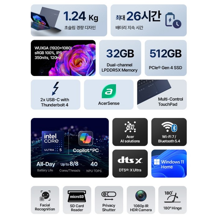 ACER 2026 스위프트 고 14 AI 코어Ultra5 인텔 14세대, 블루 후기 분석 - 디스플레이와 얇은 베젤