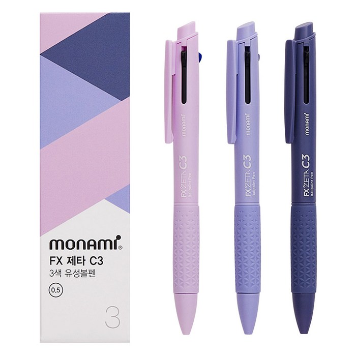 모나미 에프엑스 제타 C3 0.5mm 3색 유성볼펜 3본, 라벤더포그 + 라벤더블루 + 라벤더바이올렛, 1세트 - 필기감 좋은 볼펜