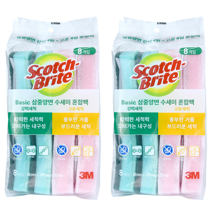 스카치브라이트 삼중양면 스펀지 수세미 혼합팩, 8개입, 2개