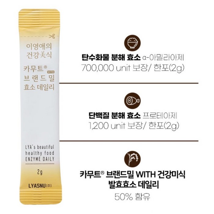 이영애의건강미식 카무트 브랜드밀 효소 데일리 30p, 60g 후기 분석 - 브랜드 스토리 및 인증