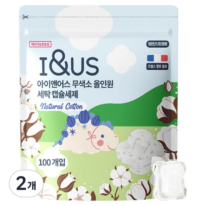 아이앤어스 무색소 올인원 세탁 캡슐세제 내츄럴 코튼, 100개입, 2개