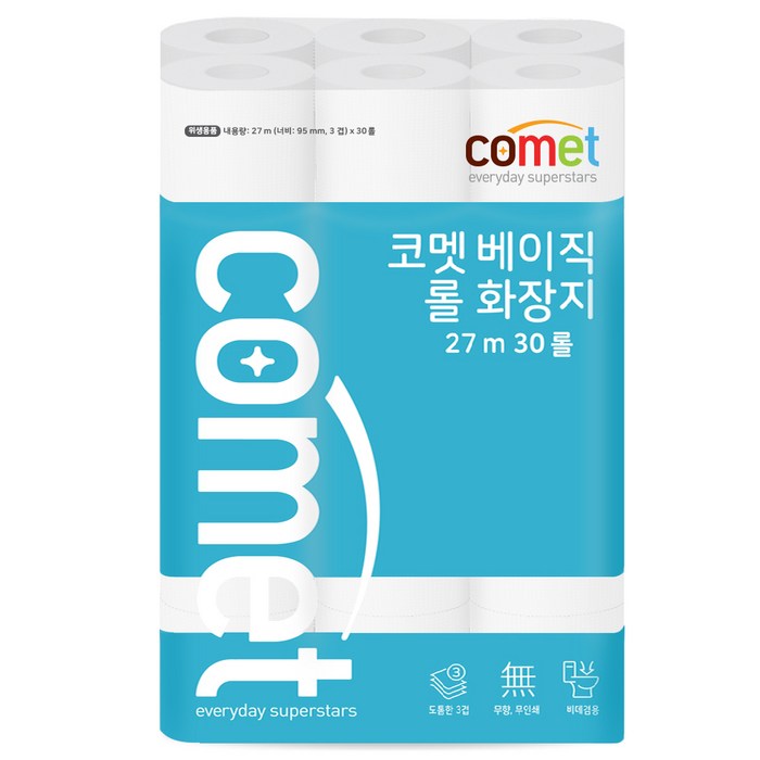 코멧 베이직 3겹 롤화장지 27m, 30개입, 1개