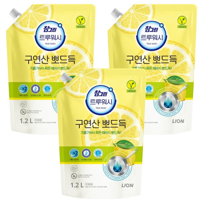 참그린 [비건라이프] 참그린 트루워시 구연산 뽀드득 주방세제 레몬향 리필, 1.2L, 3개