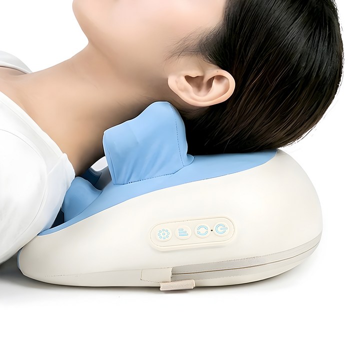 홈플래닛 포터블 무선 온열 안마 베개 마사지기 선물세트 V-MP01, 베이지 + 블루 후기 분석 - 침대 위 거치 모습