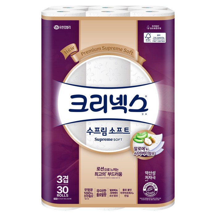 크리넥스 3겹 천연펄프 수프림 소프트 화장지, 27m, 30롤, 1개