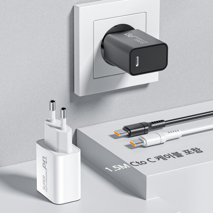 YINTO c타입 고속 충전기 25W PD3.0 PPS + C to C 1.5m 100w 케이블 세트 후기 분석 - 어댑터 플러그 및 스펙 인쇄면