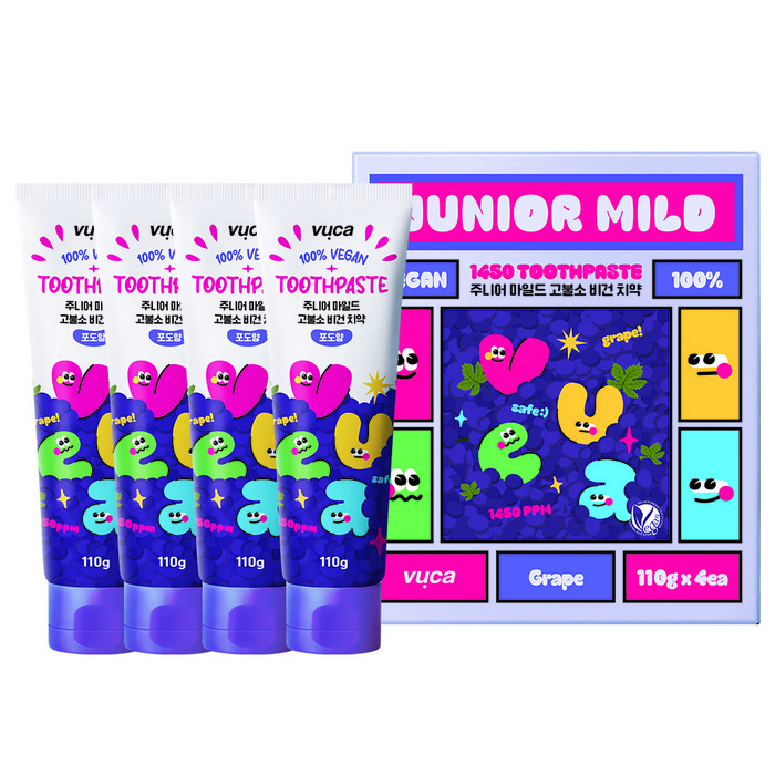 뷰카 주니어 마일드 고불소 구취케어 비건 어린이 치약 포도향, 110g, 4개