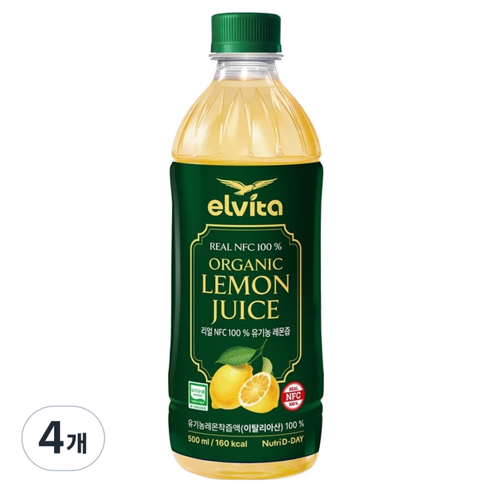 뉴트리디데이 엘비타 리얼 NFC 100% 유기농 레몬즙, 500ml, 4개