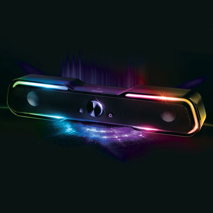 로이체 2채널 멀티미디어 RGB 레인보우 LED 게이밍 사운드바 스피커, RSB-G5000 후기 분석 - 전면 RGB 라이팅 근접 촬영