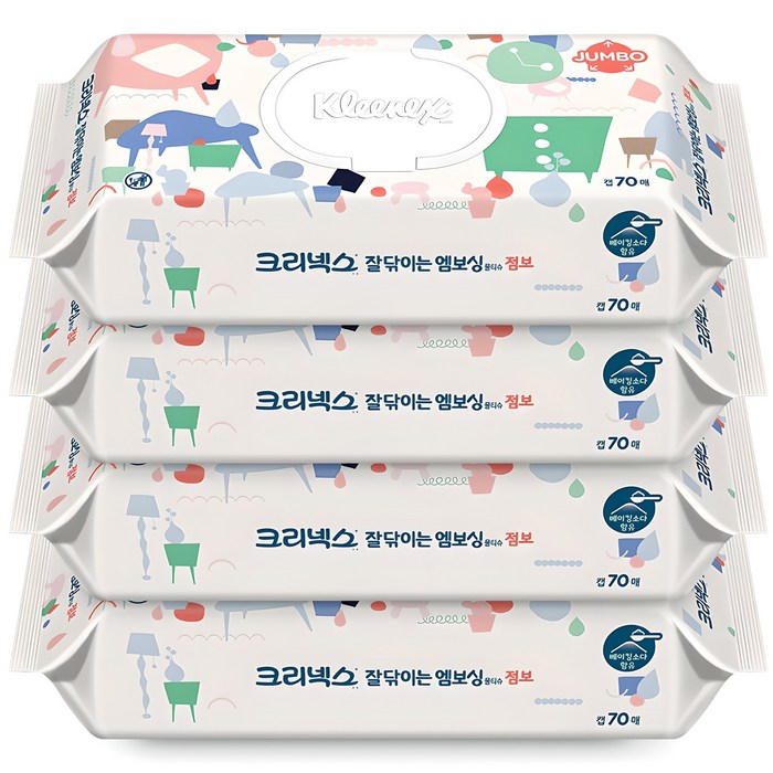 유한킴벌리 크리넥스 잘닦이는 엠보싱 점보 물티슈 캡형, 274g, 70매, 4개