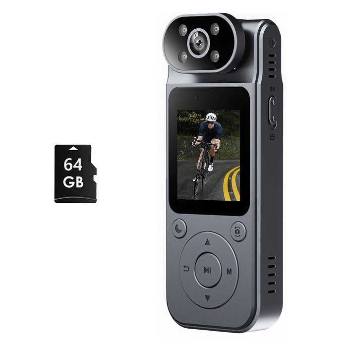 RUN기술 초소형 2K 액션캠 녹음 바디캠 오토바이 블랙박스, 블랙+64GB 메모리 - 액션캠
