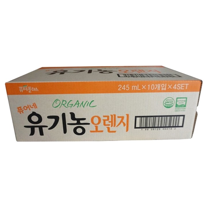 퓨어플러스 유기농 오렌지, 245ml, 40개