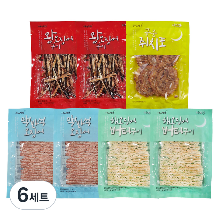 더먹다 자연오감 해오징어 버터구이 2p + 맥반석 오징어 2p + 왕오징어 구이 2p + 구운 취치포 1p 세트, 295g, 6세트