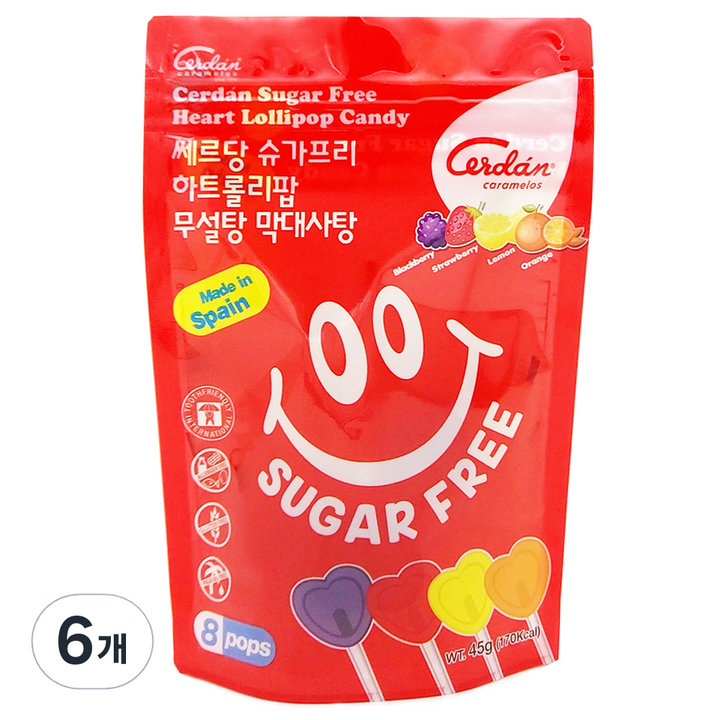 카라멜세르단 슈가프리 하트롤리팝 무설탕 막대사탕 8p, 45g, 6개