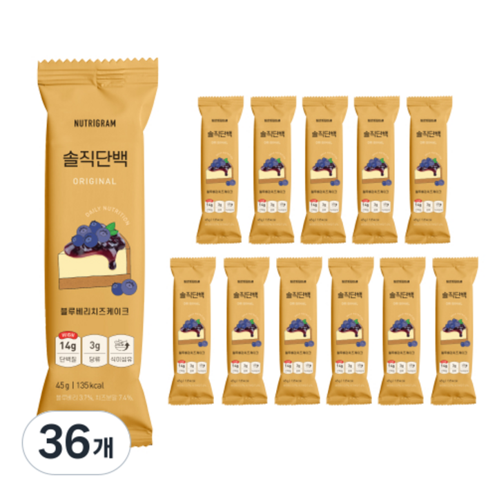 솔직단백 오리지널 블루베리치즈케이크 단백질바, 36개, 45g