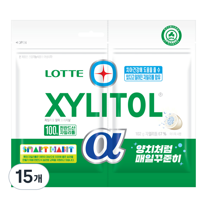 롯데자일리톨 알파 오리지날 껌 리필, 102g, 15개