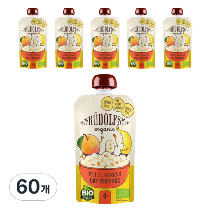 RUDOLFS 유기농 과일퓨레, 복숭아 + 바나나 혼합맛, 60개, 110g