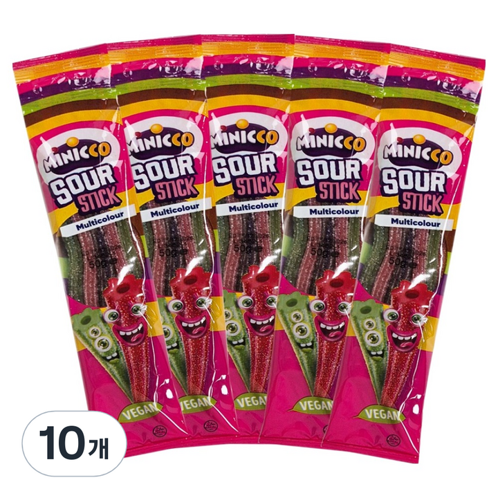 미니꼬 비건젤리 멀티컬러 사우어 롱롱 스틱, 50g, 10개