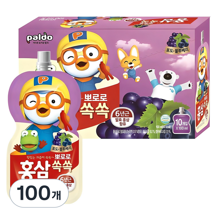 팔도 뽀로로 홍삼쏙쏙 포도 블루베리, 100ml, 100개