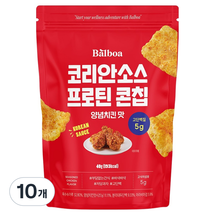 발보아 코리안소스 프로틴 콘칩 양념치킨 맛, 40g, 10개