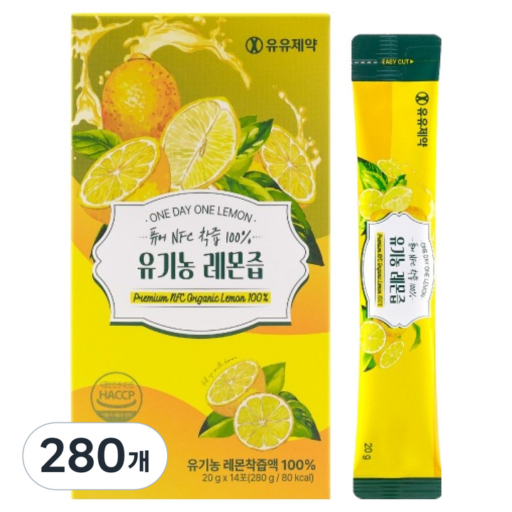 유유제약 퓨어 NFC 착즙 유기농 레몬즙 14p, 280g, 20개