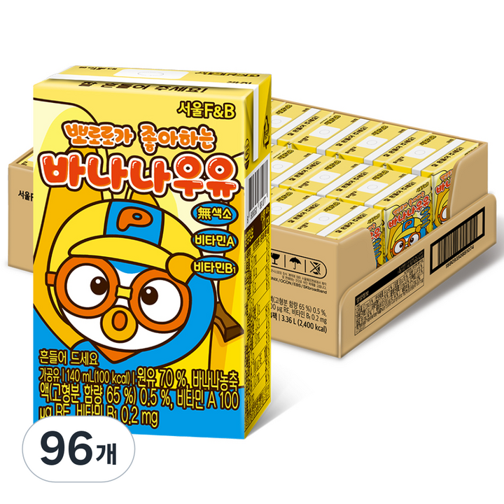 서울에프엔비 뽀로로가 좋아하는 바나나우유, 바나나맛, 140ml, 96개