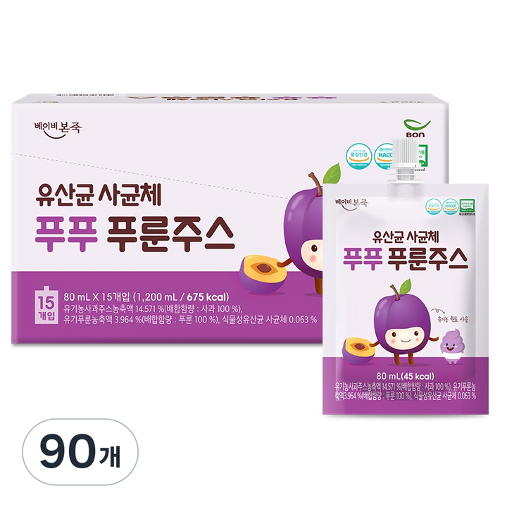 베이비본죽 유산균 사균체 푸푸 푸룬주스, 80ml, 90개