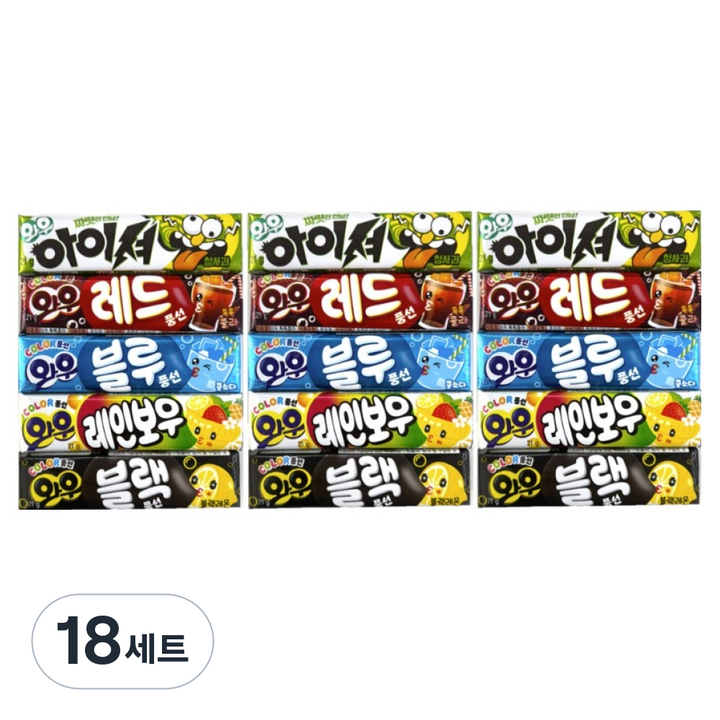 오리온 와우 톡톡콜라 21g + 쿨소다 21g + 아이셔 청사과 21g + 블랙레몬 21g + 레인보우 21g 세트, 18세트