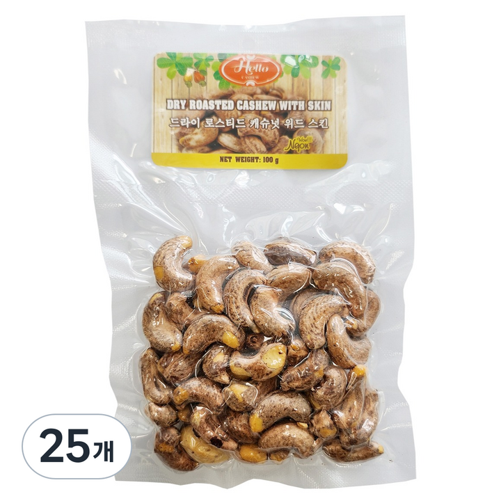 헬로캐슈 솔티드 구운 캐슈넛 위드 스킨, 100g, 25개