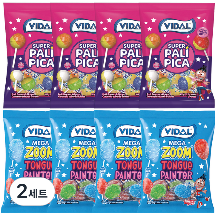 비달 롤리팝 파티팩 수퍼 팔리피카 필드 위드 버블껌 캔디 105g x 4p + 메가줌 페인터 캔디 125g x 4p 세트, 2세트