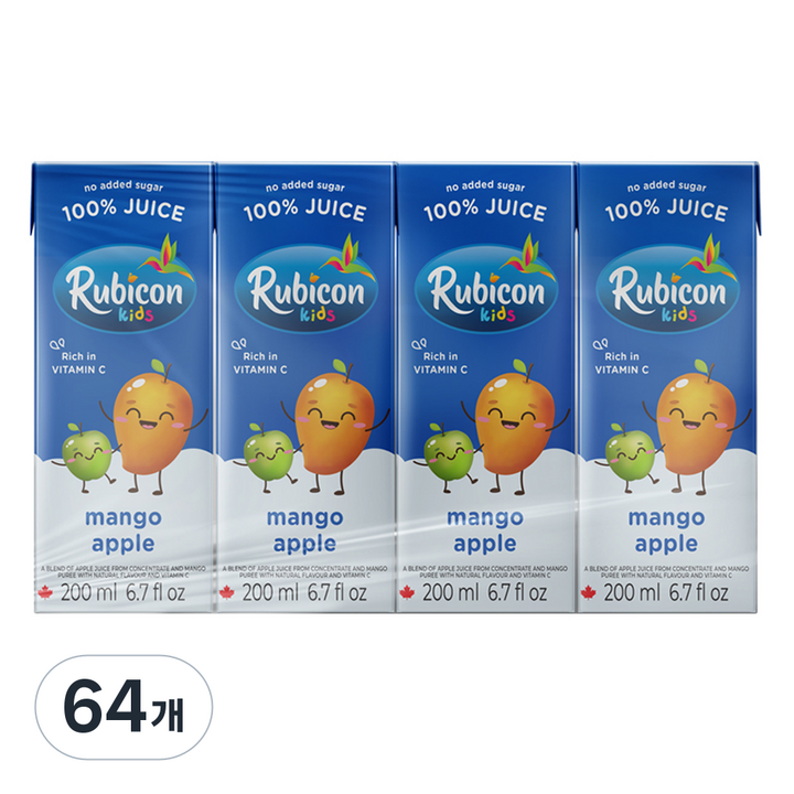 rubicon 망고앤애플주스 no added sugar, 200ml, 64개