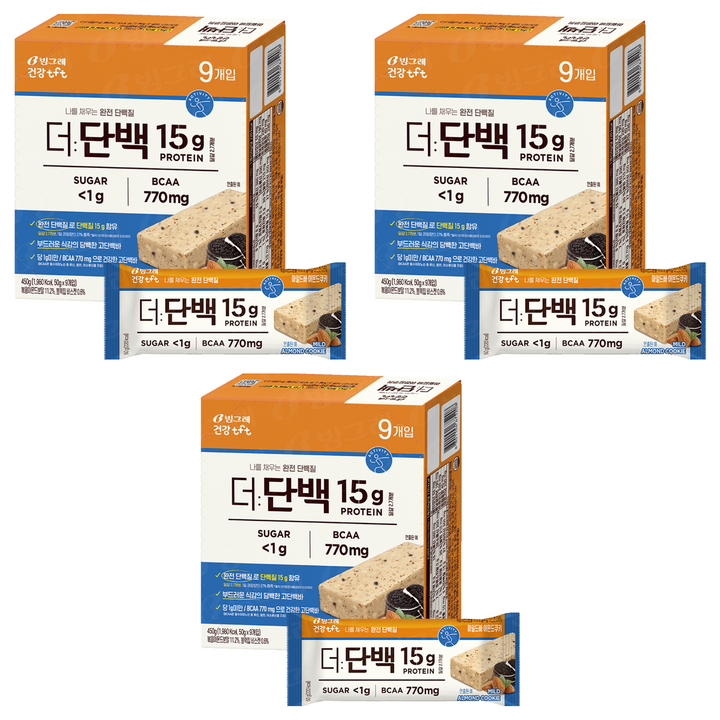 빙그레 tft 더단백 마일드바 아몬드쿠키 9p, 450g, 3개