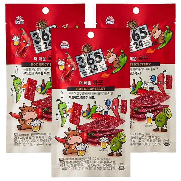 삼육오점이사 해표 365 24 더 매운 육포, 30g, 3개