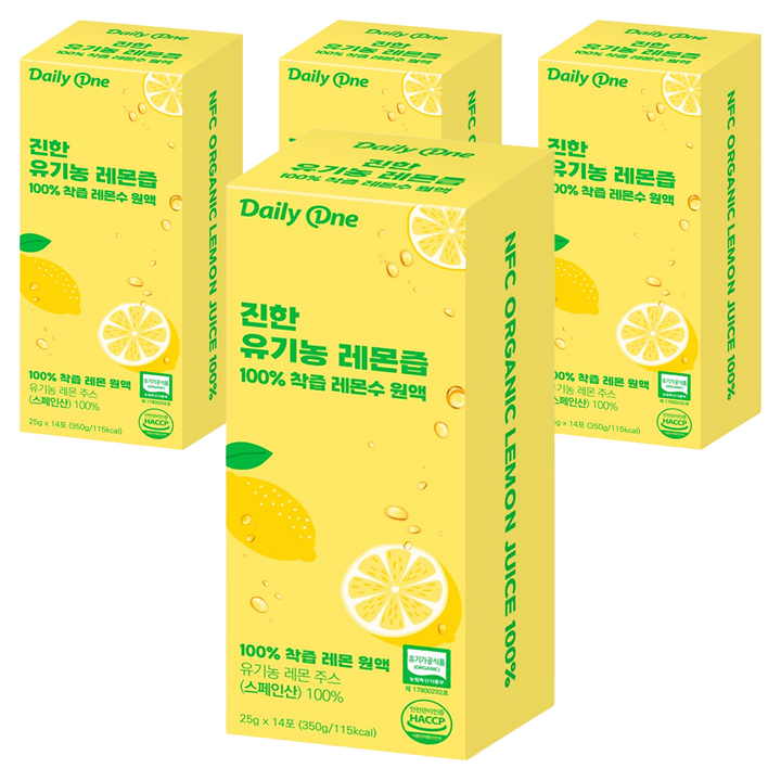 데일리원 진한 유기농 레몬즙 100% 착즙 레몬수 원액, 350g, 4개