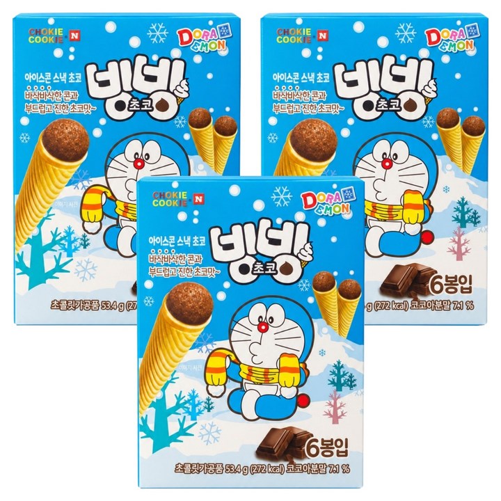 초키앤쿠키 바스락 도라에몽 아이스콘 스낵 초코, 53.4g, 3개