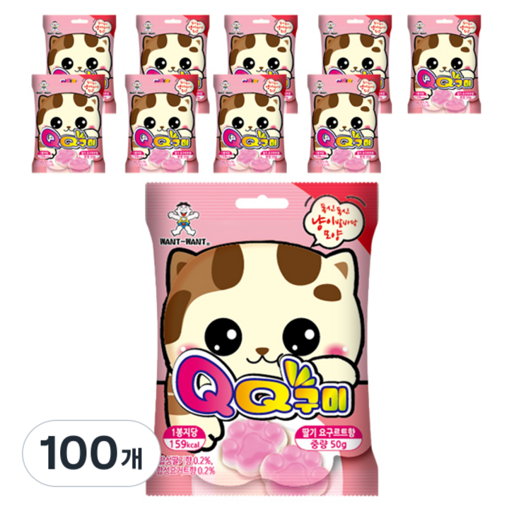 왕왕 QQ 고양이 발바닥 젤리 딸기 요구르트향, 100개, 50g