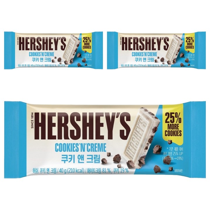 허쉬 쿠키 앤 크림 초콜릿, 40g, 3개