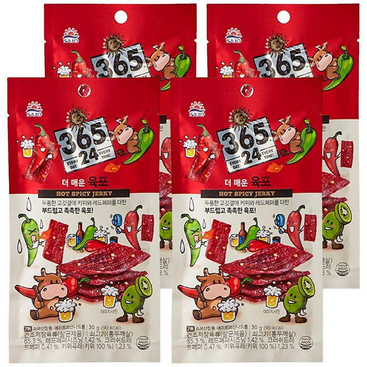삼육오점이사 해표 365 24 더 매운 육포, 30g, 4개