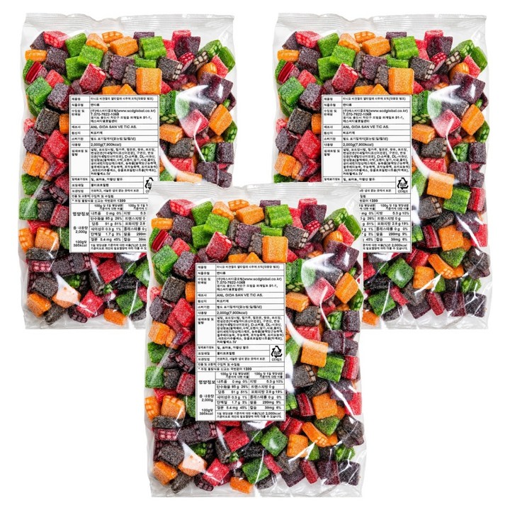 미니꼬 대용량 멀티컬러 사우어 브릭 비건젤리, 2kg, 3개