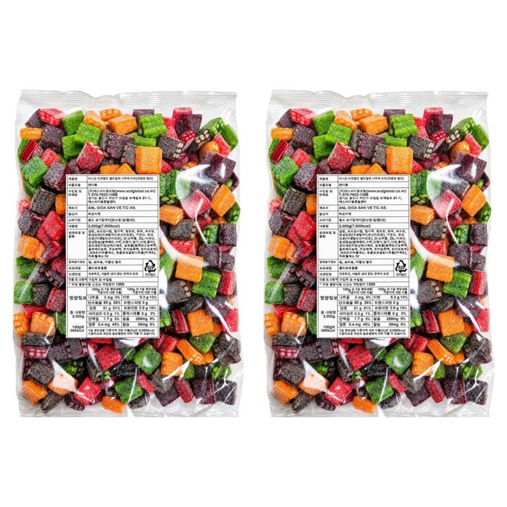 미니꼬 대용량 멀티컬러 사우어 브릭 비건젤리, 2kg, 2개