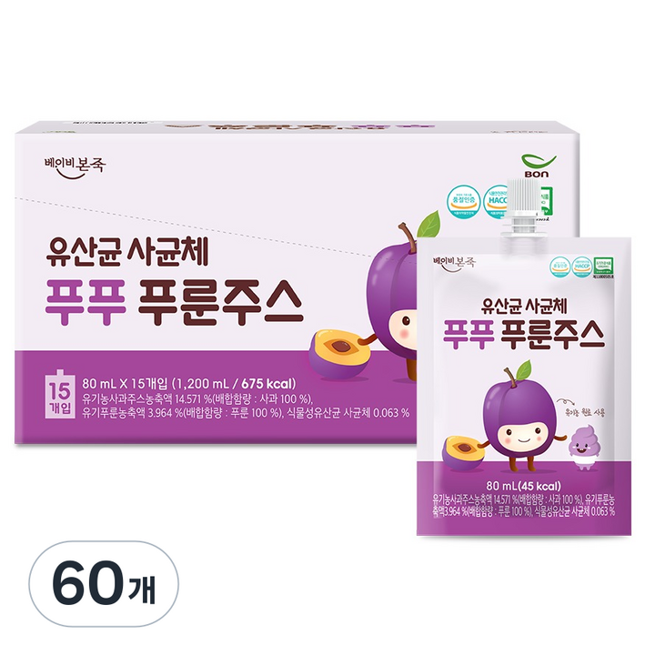 베이비본죽 유산균 사균체 푸푸 푸룬주스, 80ml, 60개