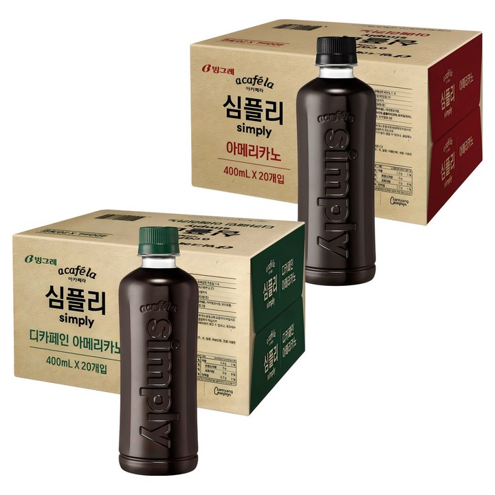 아카페라 심플리 무라벨 아메리카노 400ml 20p + 디카페인 아메리카노 400ml 20p, 8L, 2박스