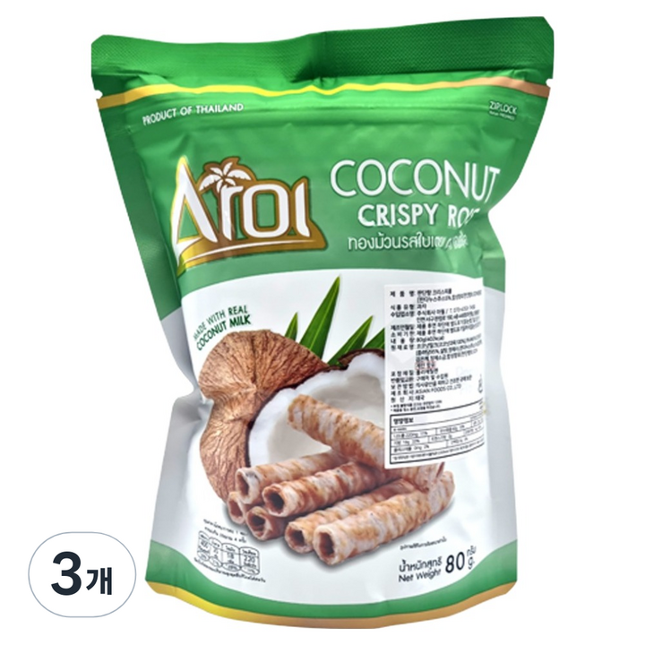 아로이 코코넛 크리스피 롤 판단향, 3개, 80g